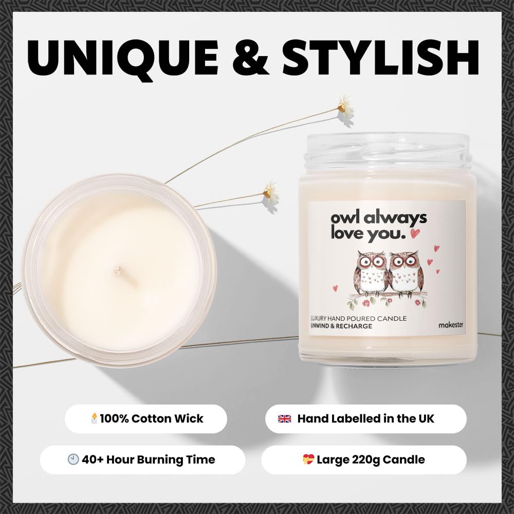 Owl Gifts - Luxury Soy Wax Candle - Vanilla, Jasmine, Sugared Almond - Makester, White - Image 4