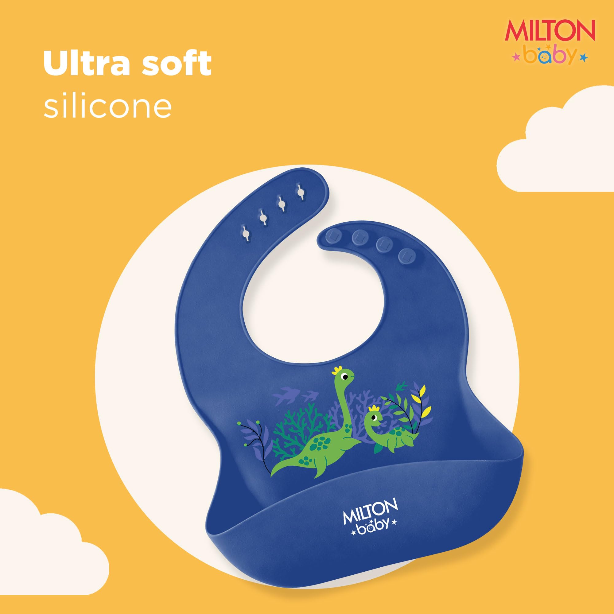 Milton baby Silicone Bib Dino Print I Spill Resistant Apron I Water Proof I Easy To Clean I Deep Food Catcher I Adjustable For Growing Babies I Soft Comfortable Material, No Mess Feeding, Navy Blue