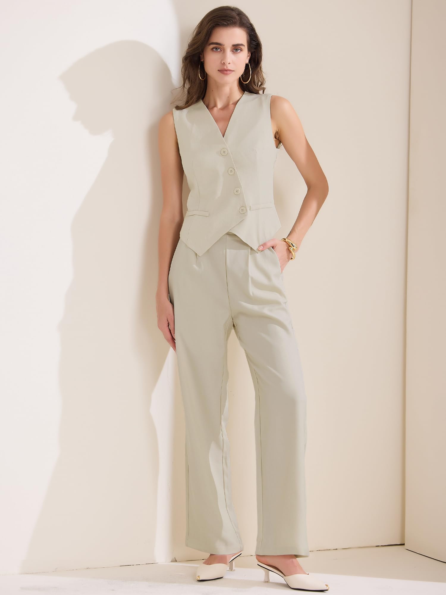 Allegra K Tenue 2 pièces pour femme - Blazer sans manches - Gilet - Pantalon large - Style décontracté