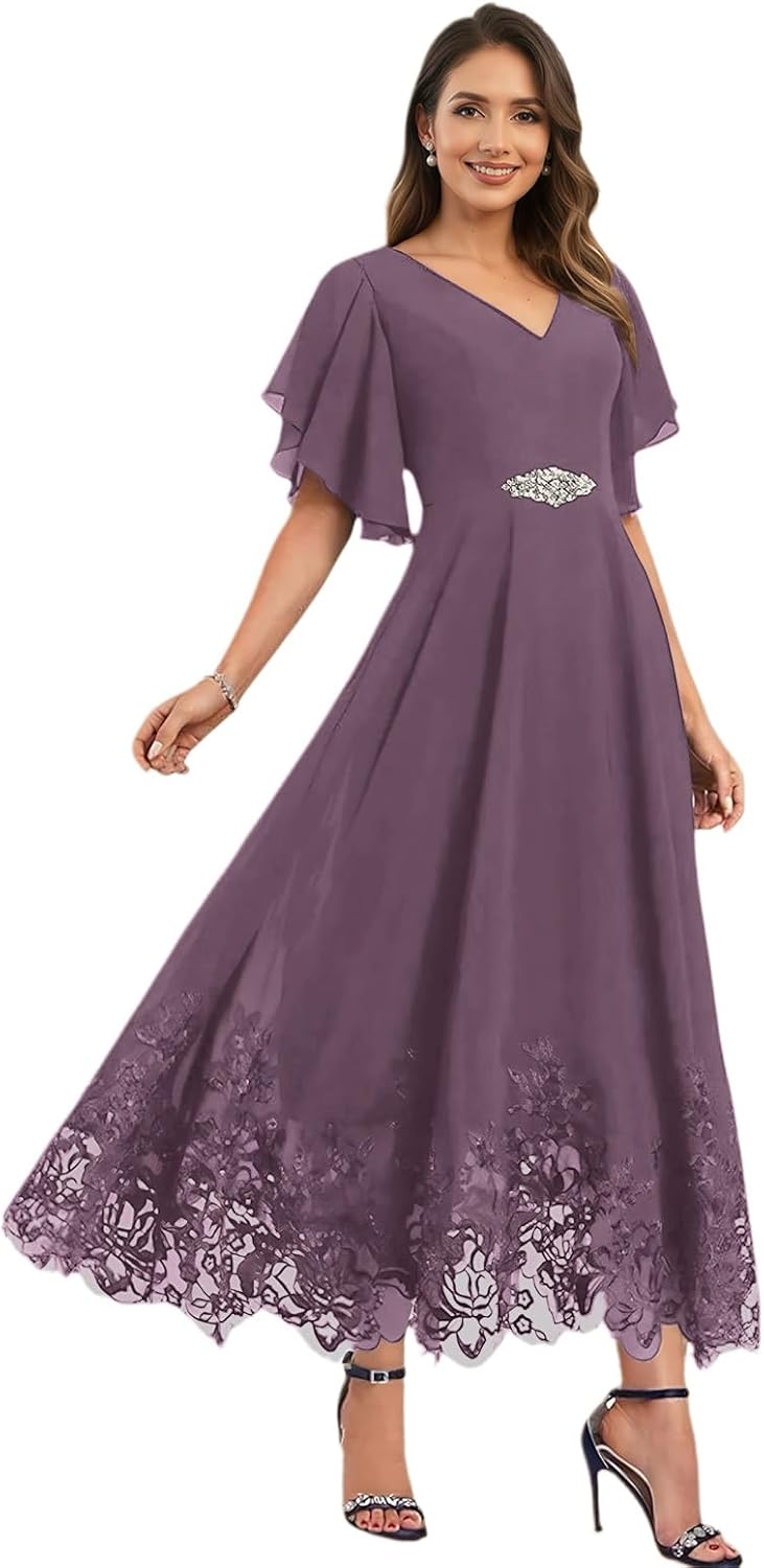 Tea Length Mother of Bride Dresses with Sleeves Chiffon V-Neck Lace Beaded Formal Evening Dresses for Women UU205