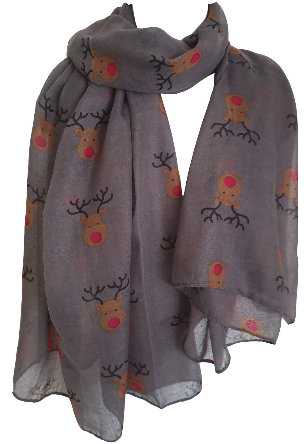 Glamlondon Red Nose Reindeer Christmas Print Scarf Womens Rudolph