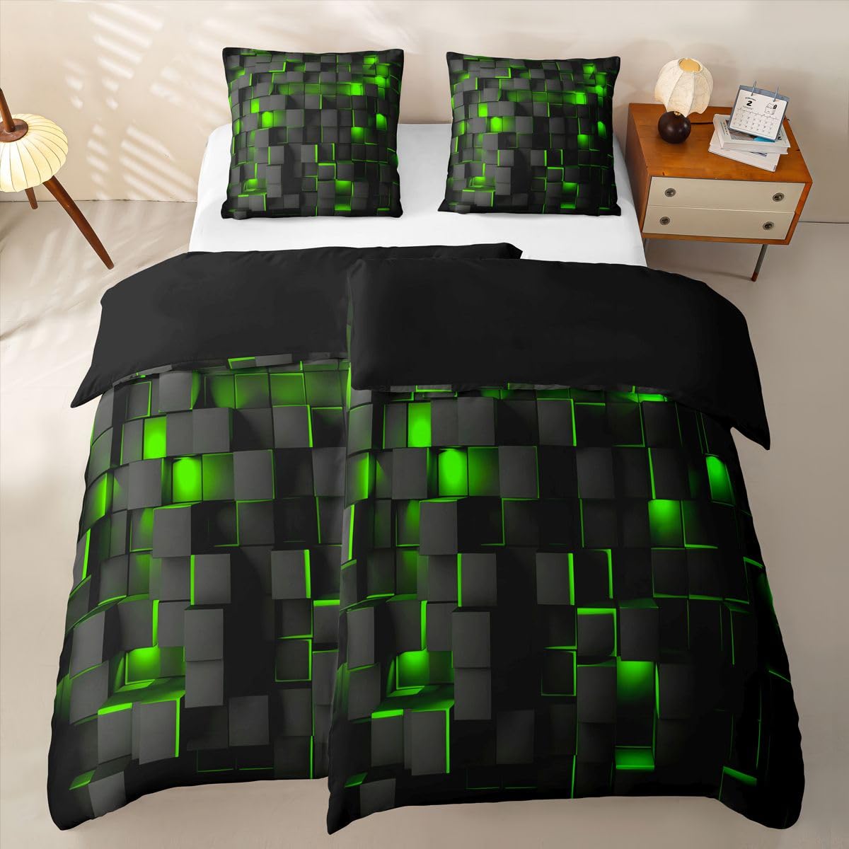 Grün und Schwarz Geometrisch Bettwäsche 135x200 4teilig für Kinder Jungen Mädchen Geometrie Bettwäsche-Set 4-TLG., 2 Bettbezüge 135x200 cm und 2 Kissenbezüge 80X80 cm