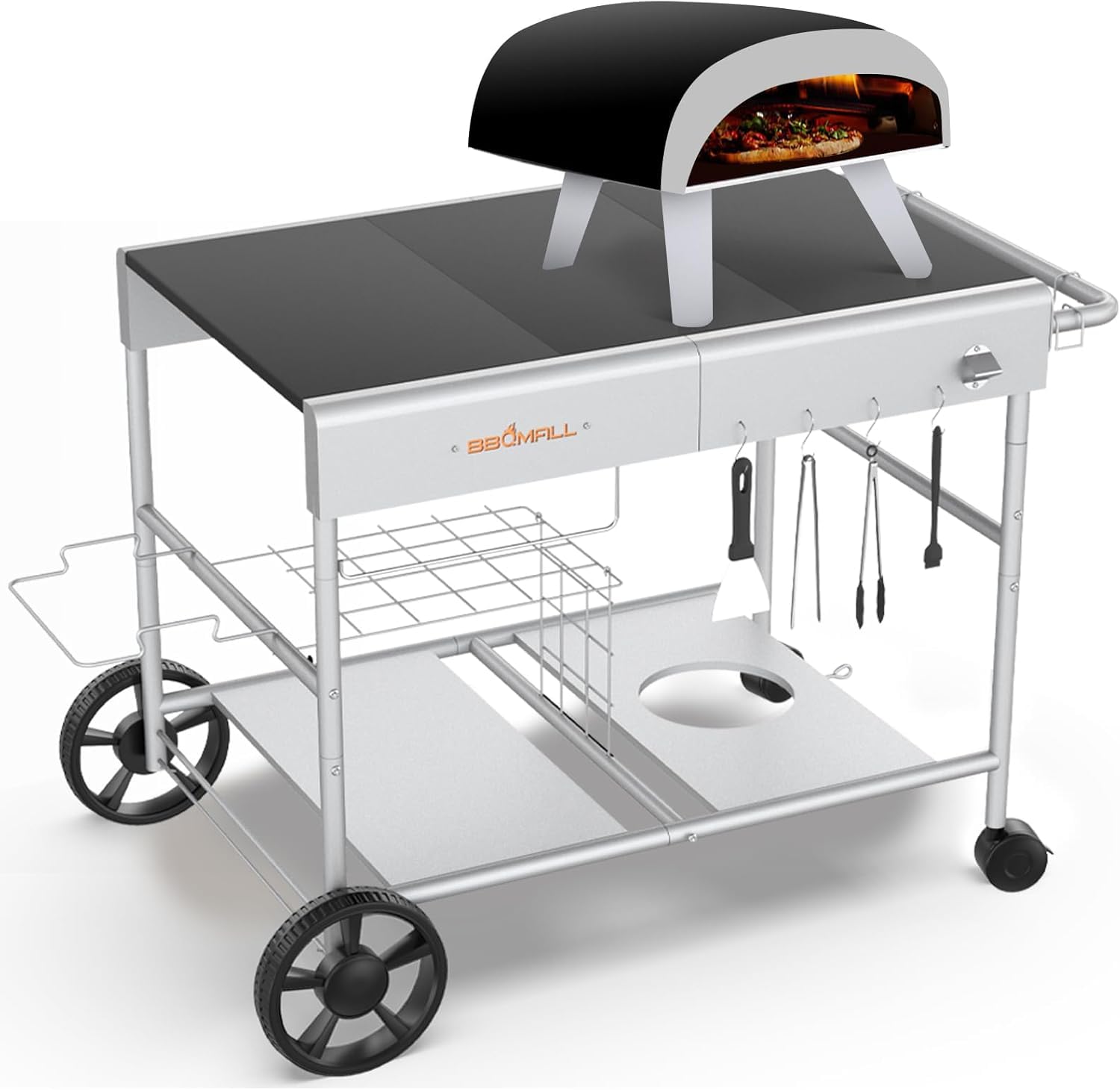 GFTIME Carrello per pizza migliorato per Koda/Karu/Fyra 16 & 12, 128 x 64 x 78 cm, carrello da cucina, carrello da portata per Ninja Woodfire, Blackstone Griddle, carrello per Weber serie Q