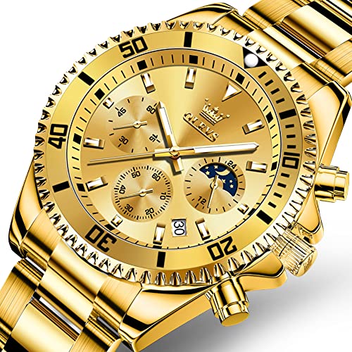 Image of OLEVS Mens Watches Chronograph Luxury Dress Moon Phase Quartz Stainless Steel Waterproof Luminous Business Calendar Wrist Watch