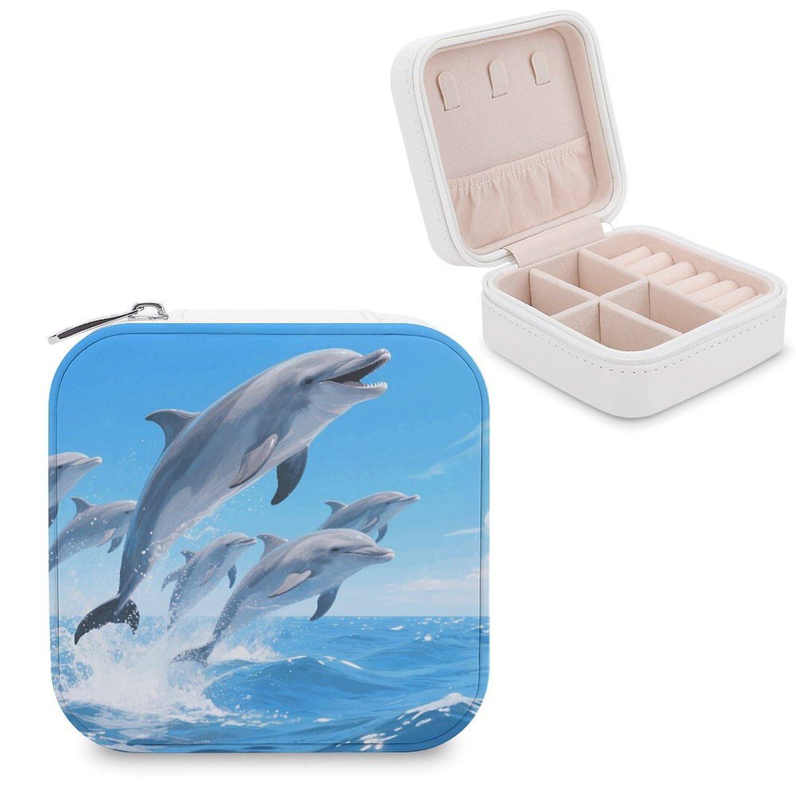 VstaDank Dolphins Jewelry Organizer Travel Case for Women With Zipper Mini Jewelry Case PU Leather Jewelrys Box for Rings Necklaces Bracelets Earring Holder Organizer Storage