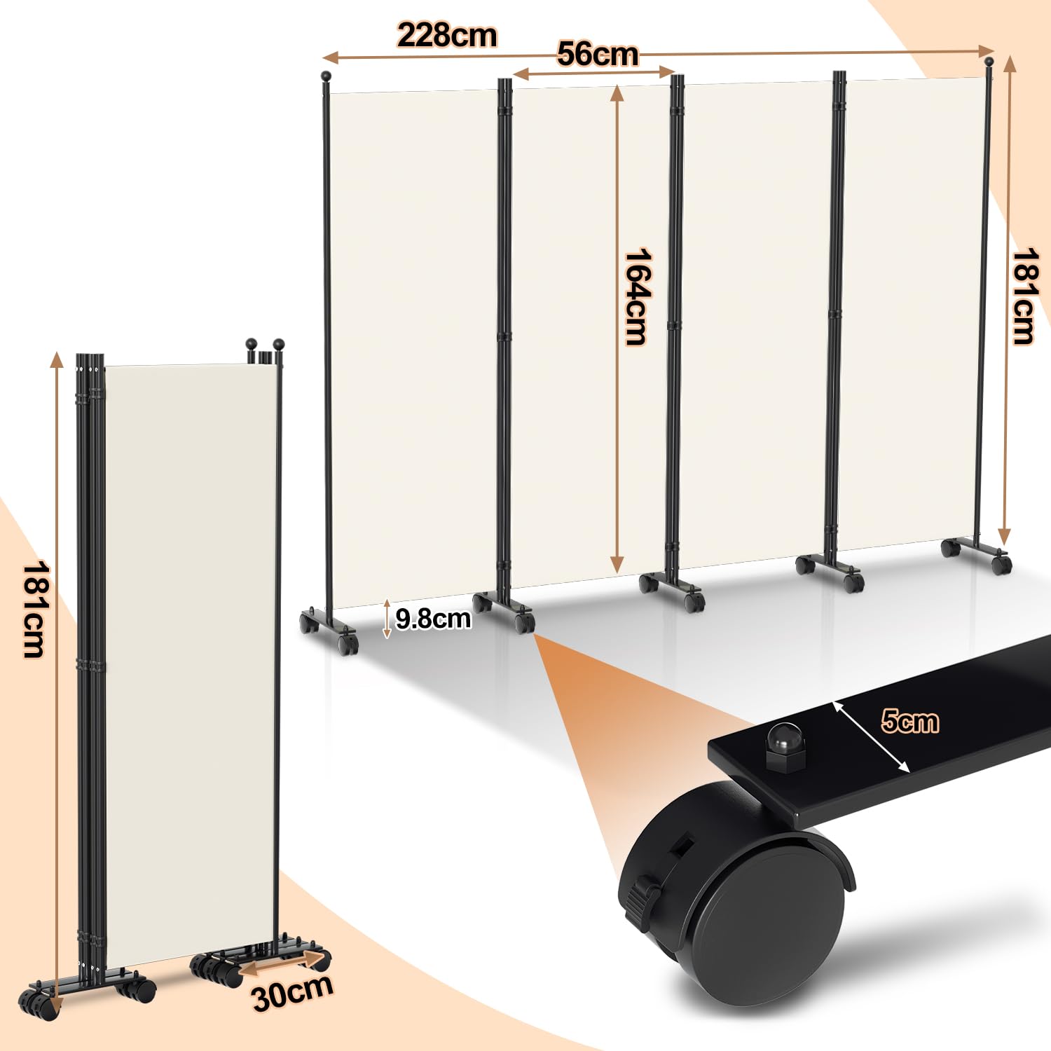 Paravent séparateur de pièce Pliable Autonome sur roulettes, 4 pièces, 228 x 181 cm, paravent pour Bureaux, balcons, Beige