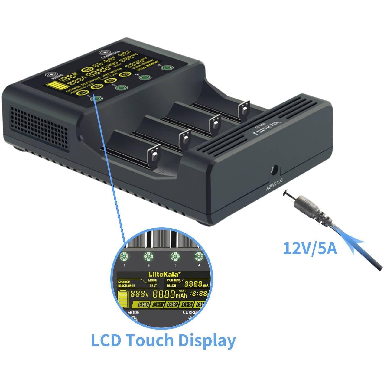 18650 LiitoKala Lii-600 ładowarka akumulatorowa, z wyświetlaczem dotykowym LCD, ładowarka do baterii AA z 4 gniazdami, w zestawie adapter 12 V5A do litowo-jonowych/NI-MH/NI-Cd 14500 21700 AA AAA itp