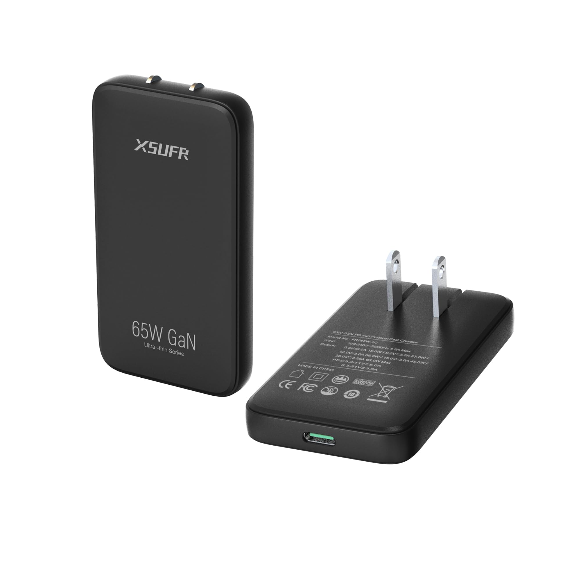 Flat USB wall charger, 65W GaN USB c Charger, Ultra Slim Wall Charger, Folding Travel Single Port USB c Wall Charger, for Laptops, Tablets, Phones (Black-1C)