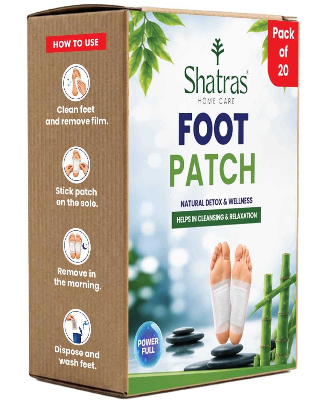 shatras herbal foot patch for detox & relaxation | overnight foot pads for tired feet | natural ingredients for sleep aid, pain relief, toxin removal with bamboo vinegar foot patches with adhesive sheets-20 pieces (pack of-1) | detox & relaxation, overnight foot pads, bamboo vinegar, natural ingredients for sleep aid & pain relief