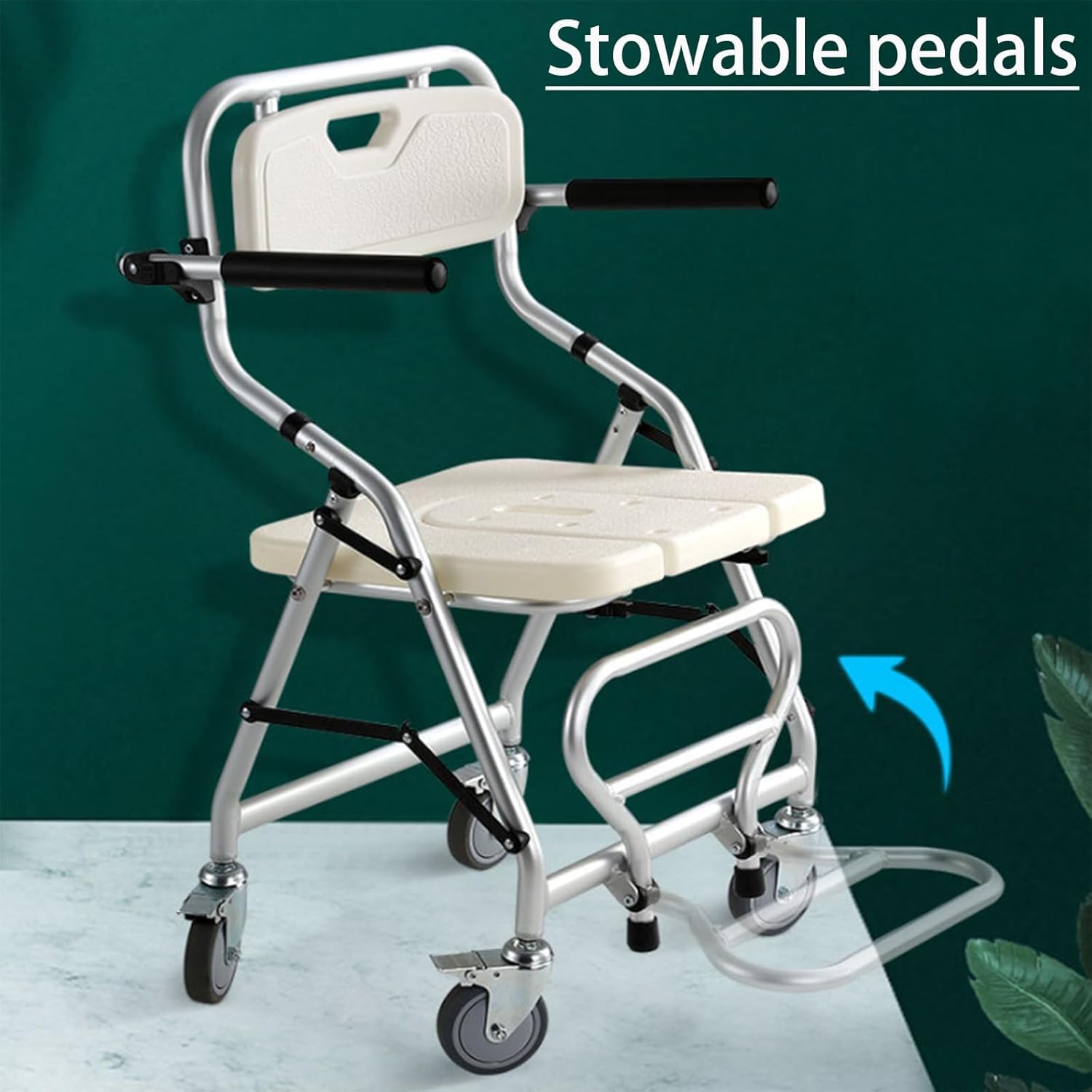 Silla de Ducha con Ruedas para Personas Mayores, Silla de Baño Plegable con Reposabrazos y Respaldo, Taburete de Ducha para Personas Mayores Mujeres Embarazadas