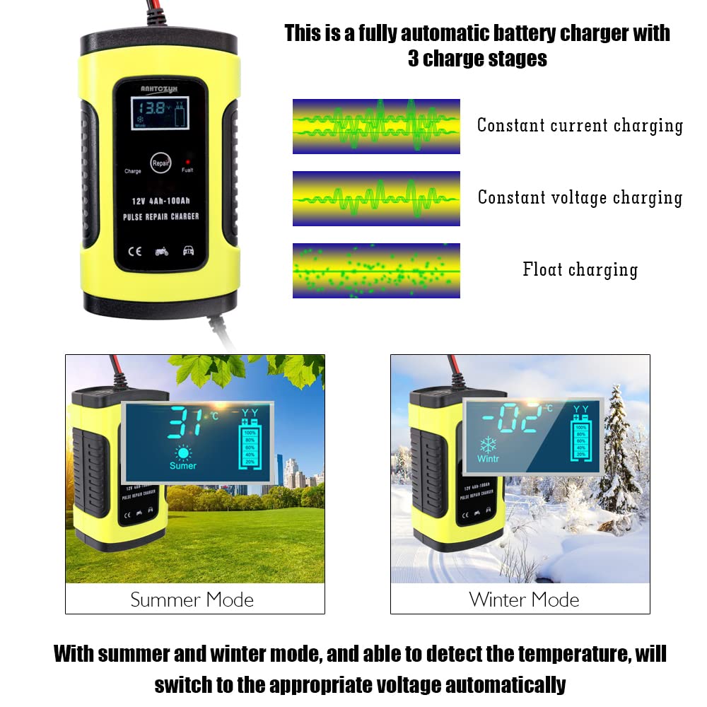 Caricabatterie per Auto Completamente Automatico 12V6A Caricabatterie Intelligenti Caricabatterie per Riparazione impulsi Caricabatterie al Piombo Acido a Umido con Display Digitale LCD