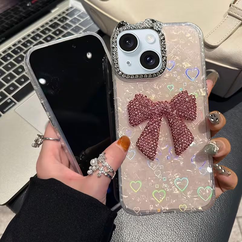 Image of mobistyle Compatible with iPhone 14 Plus | Rhinestone Bow Elegant Heart Shell Pattern and Camera Lens Protection Back Cover Case for Women Girls iPhone 14 Plus (Pink)