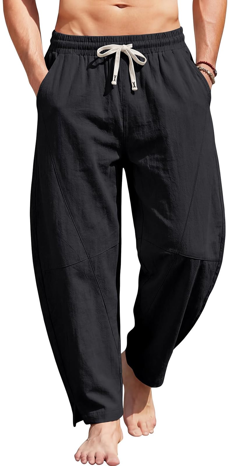 Pantalón de Lino y Algodón para Hombre Harén Curvo Bolsillos Baggy Casual Tiro Bajo Streetwear Verano