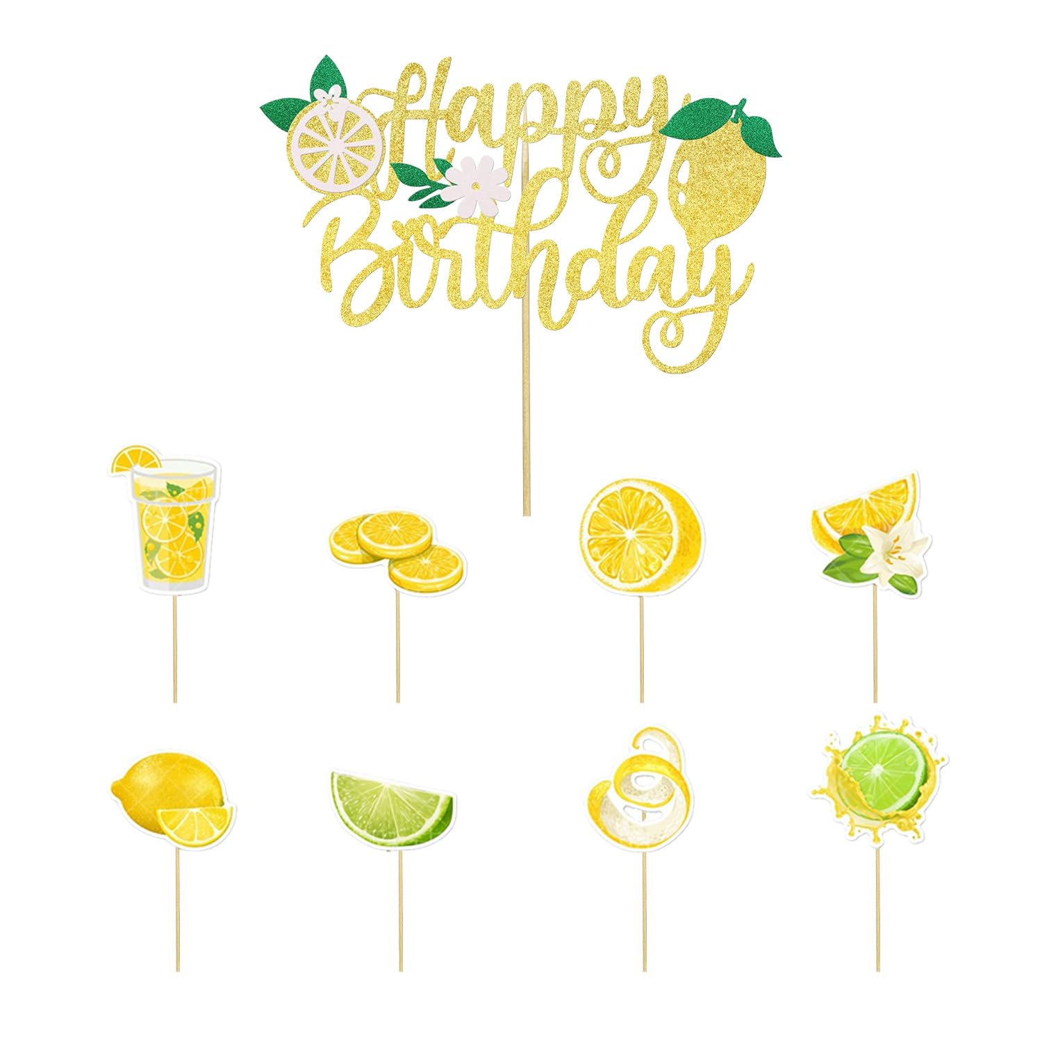 Rnskfg Yellow 9 Fruit Card Inserts, Birthday Cake Decorations, Glitter Letter Card Inserts, Cartoon Fun Card Inserts, Party Decorations.