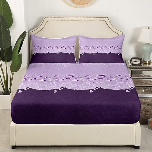 Purple Floral Bedding Set Queen Purple White Flower Bed Sheets With 2 Pillowcases Chic Blossom Branch Sheet Set Vintage Garden Aesthetic Art Decor Rustic Farmhouse Countryside Fitted Sheet #TOP3