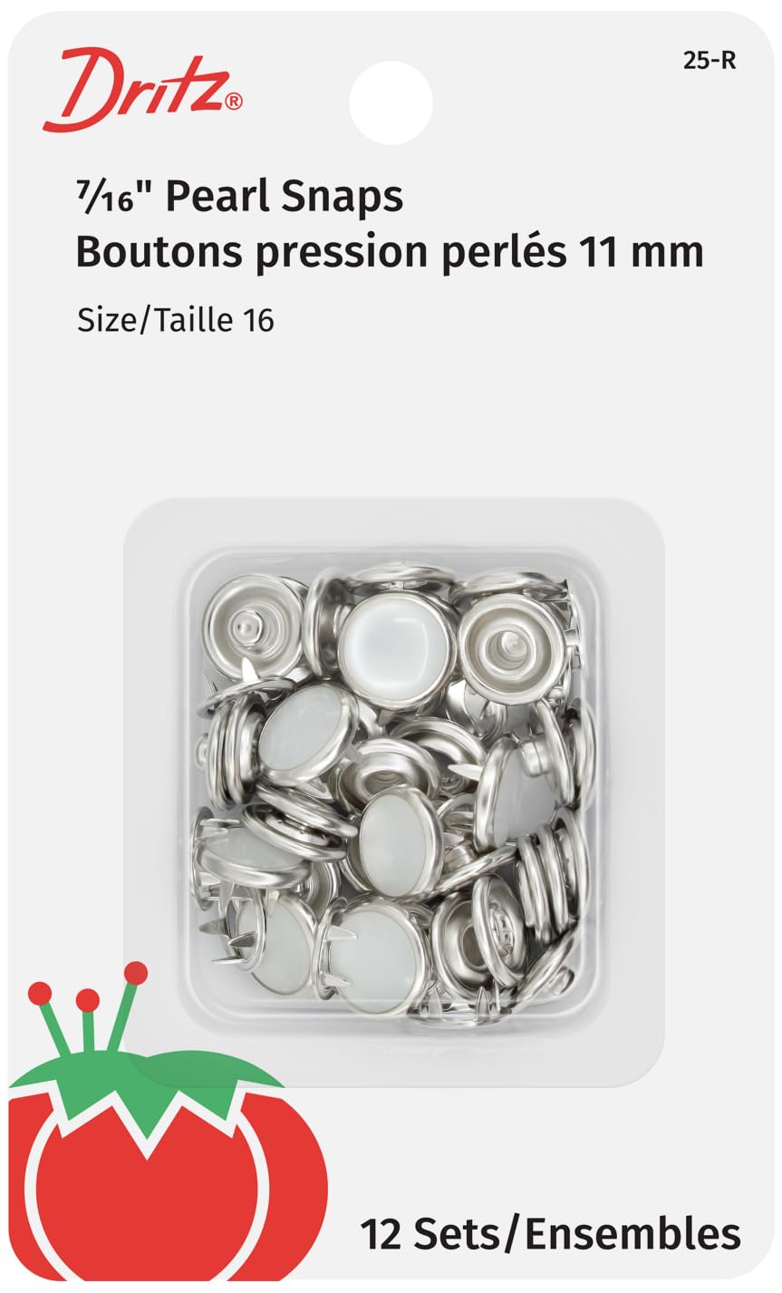 Dritz 25-R Pearl Snap Fasteners, White, Size 16 (7/16-Inch) 12-Count
