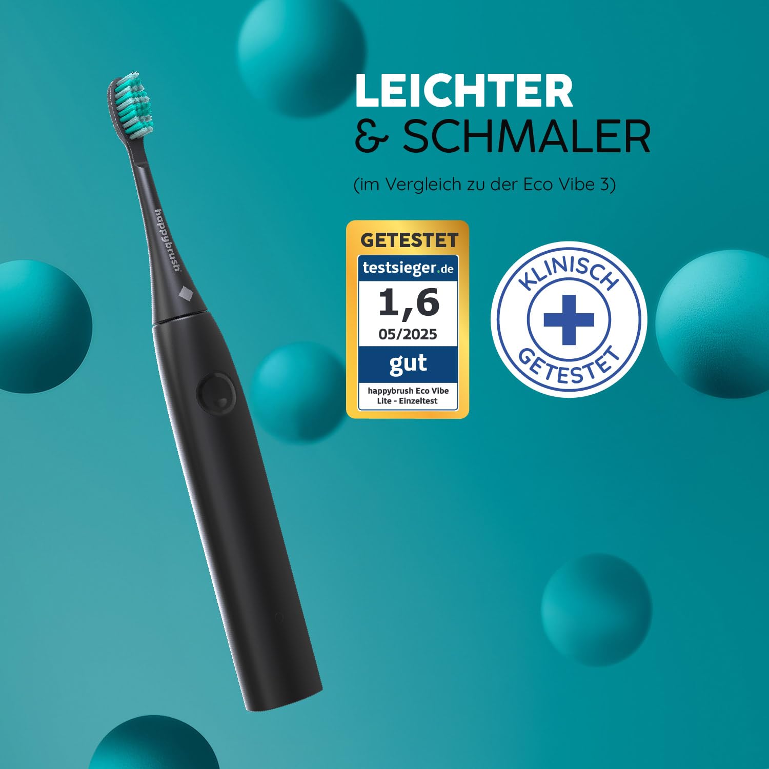 happybrush® Schallzahnbürste Eco Vibe LITE – TESTSIEGER – 100 Tage testen - Elektrische Zahnbürste mit 8 Wochen Power Akku – Ultraschall Zahnbürsten – 2 Jahre Garantie - AllBlack