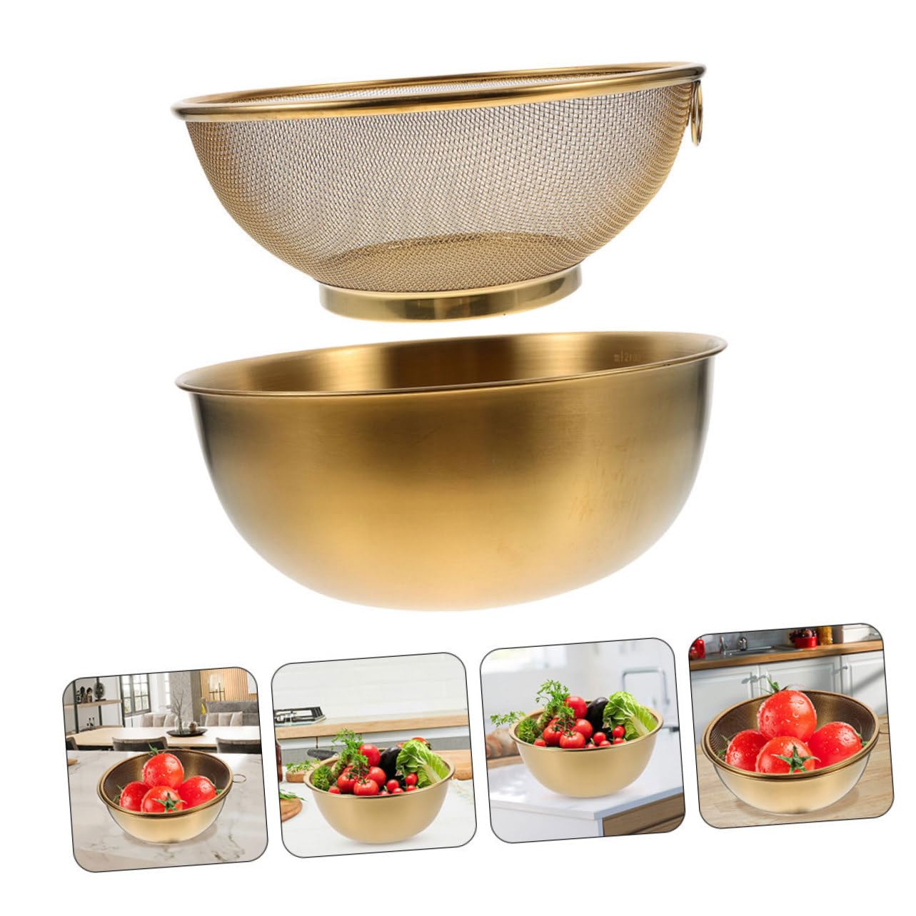 Colador de Malla Fina y Cesta de Drenaje 24 Cm de Acero Inoxidable Dorado para Lavar Arroz y Frutas, Práctico para Cocina y Lavado de Verduras, Juego de 2 Piezas