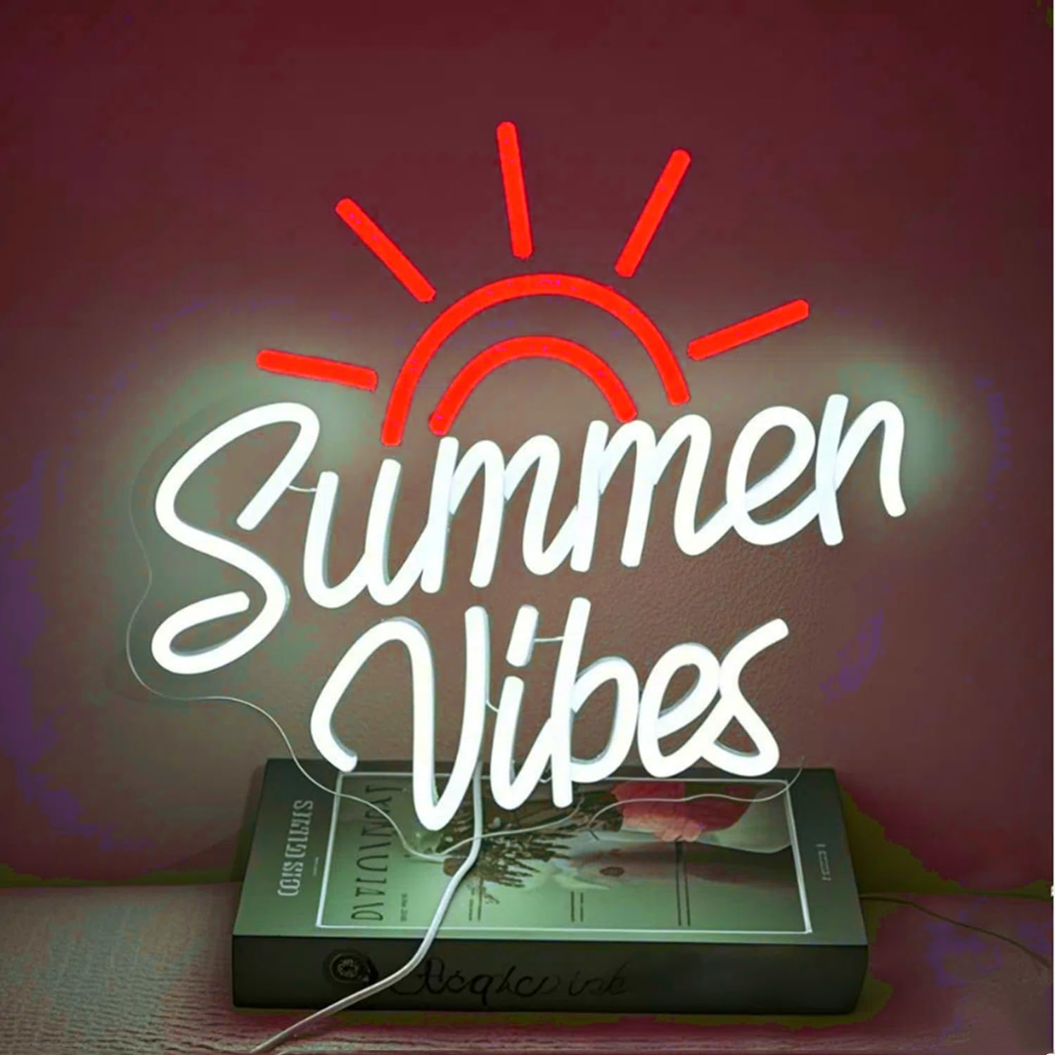 HFHungkeong Summer Neon Light Sign Summer Vibes Neon Sign for Bedroom Bar Party Dorm Wall Art Decor,5V USB Powered Acrylic Neon Signs with Dimmable Switch and Hanging Chain(12.9x11.8Inches)