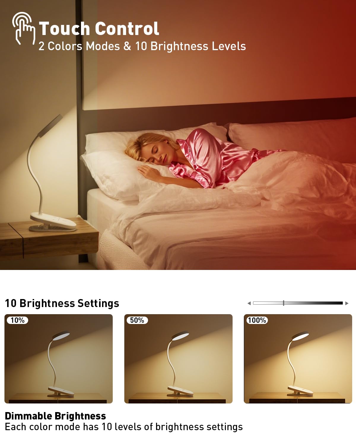 long-stars Lámpara de lectura de luz roja para dormir, luz de libro para leer en la cama con luz nocturna sin azul de 625 nm, 2 modos de color y temporizador, lámpara recargable de 2000 mAh para