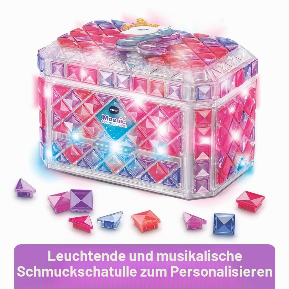 VTech - Mosaic Magic Lights Schmuckschatulle – Mosaik-Set für Kinder – personalisierbare Geheimnisbox mit Lichteffekten und Musik – kreatives und DIY-Spiel – Geschenk für Kinder ab 5 Jahren – Inhalt