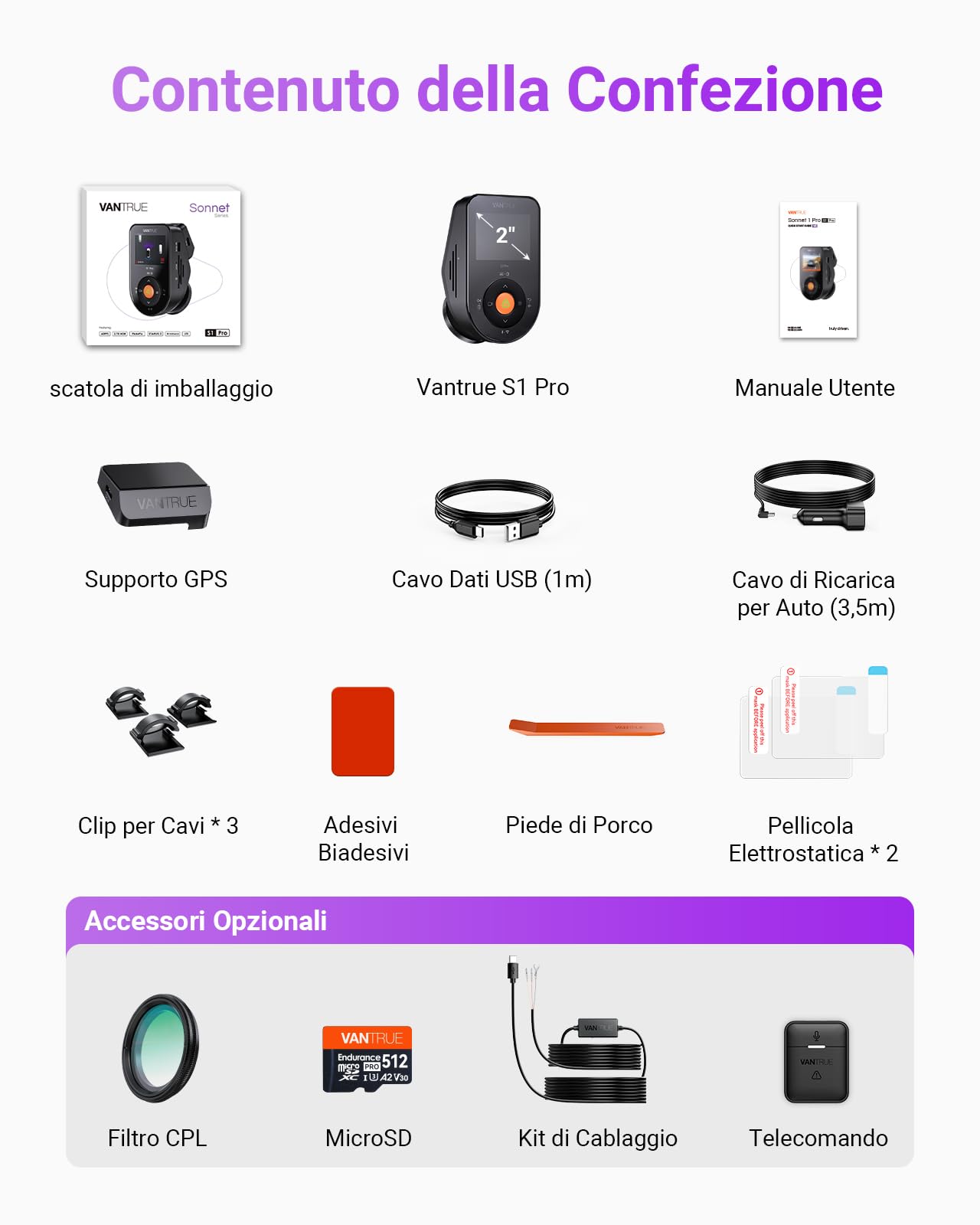 Vantrue S1 Pro Dash Cam anteriore STARVIS 2, 2.7K Mini Dash Camera per auto, ADAS, controllo app, GPS WiFi integrato, G-Sensor, registrazione in loop, visione notturna, modalità parcheggio 24h, 158°