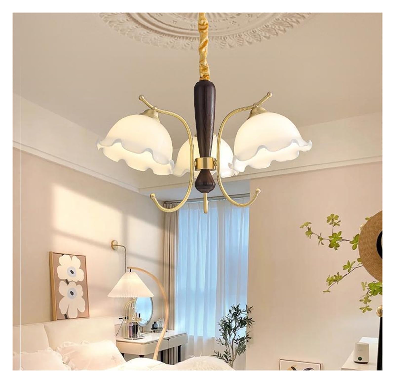 OLSKFUH French Cream Style Chandeliers Copper Walnut Flower Pendant Light Retro Living Room Restaurant Lights, Wall Sconces,Bianco-D55cm