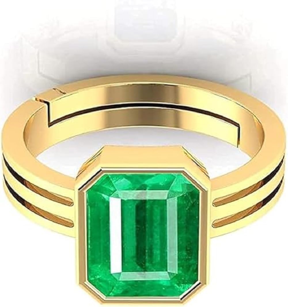 8.00 Carat Natural Green Emerald Panna Gemstone Adjustable Rashi Ratan Punchdhatu Gold Plated Ring for Astrological Purpose Men's & Women's