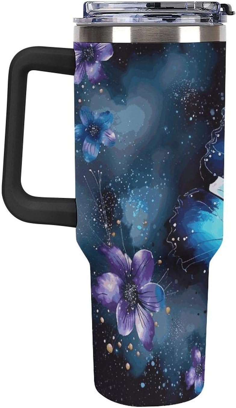 40 Oz Tumbler with Straw And Lid Galaxy Blue Butterfly Insulated Travel Coffee Mug Stainless Steel Water Bottle Vacuum Insulated Tumblers for Sport Work Car Travel Weekends