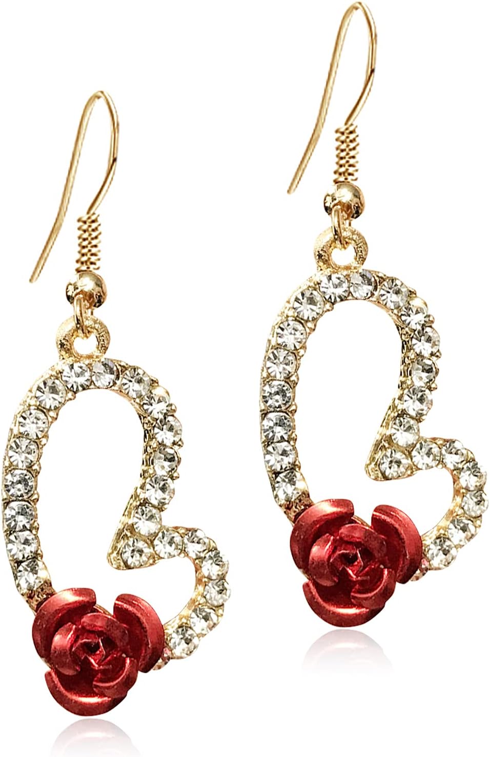 ANDPAI Vintage Wine Red 3D Rose Dangle Drop Earrings for Women Statement Heart Dangle Earrings with Crystal Rhinestone Valentine's Day Gifts