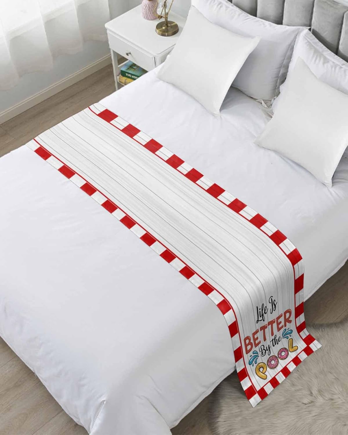 Bed Runner Scarf for Cal.King Size Bed, Colorful Letters Beds Scarf Throws for Foot of Bedding, Boho Summer Swimming Circles Red Plaid Decorative Beds Runners for Bedroom Guestroom, 102"x20"
