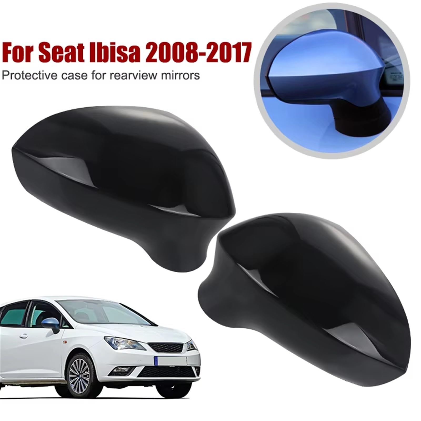 Wing Mirror Calotta copri specchietto retrovisore laterale nero lucido bianco per Seat Ibiza 2008 2009 2010 2011 2012 2013 2014-2017 Coperchio specchietto retrovisore(1 Pair Black)