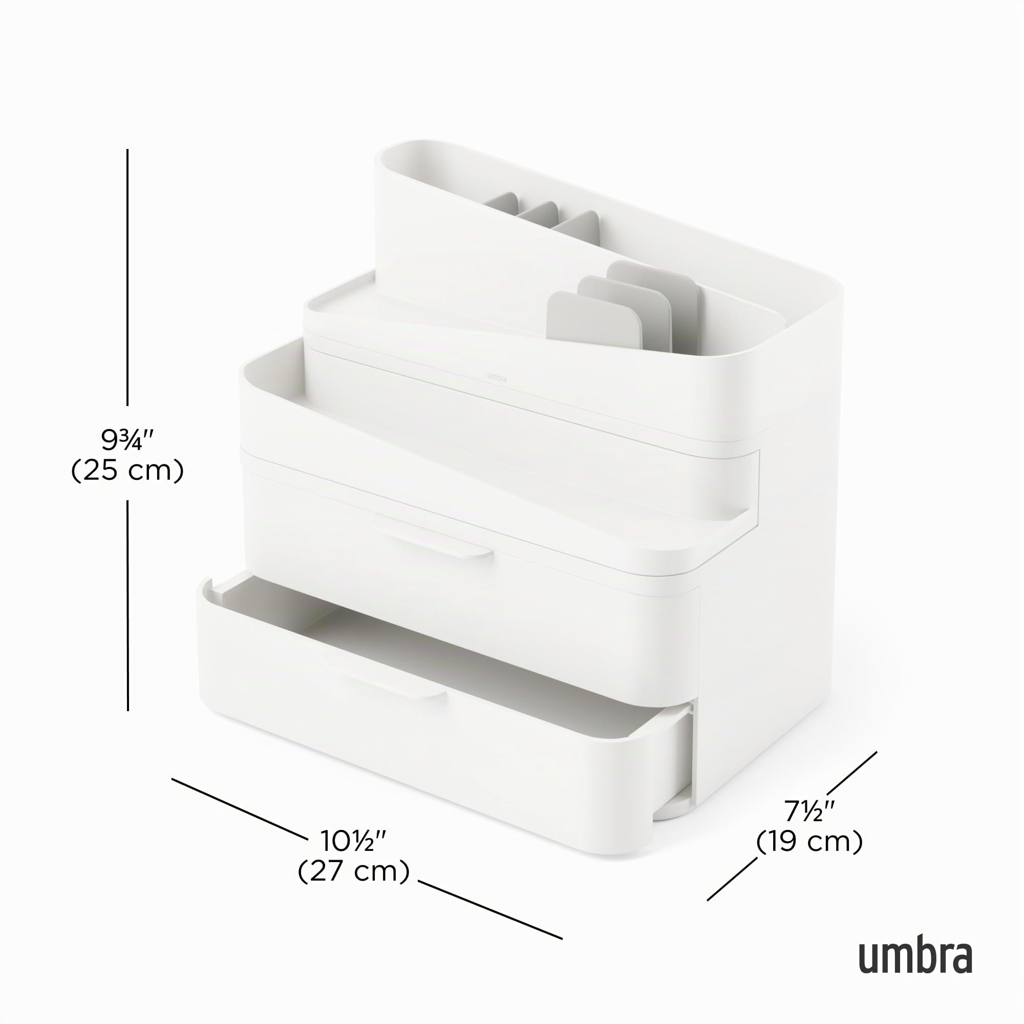 Umbra Glam Kosmetik Organizer, modular stapelbar, Gross, Weiss | Drei Schubladen, herausnehmbare Trennwände, platzsparend, für Bad und Büro, Gummifüße, recycelter Kunststoff