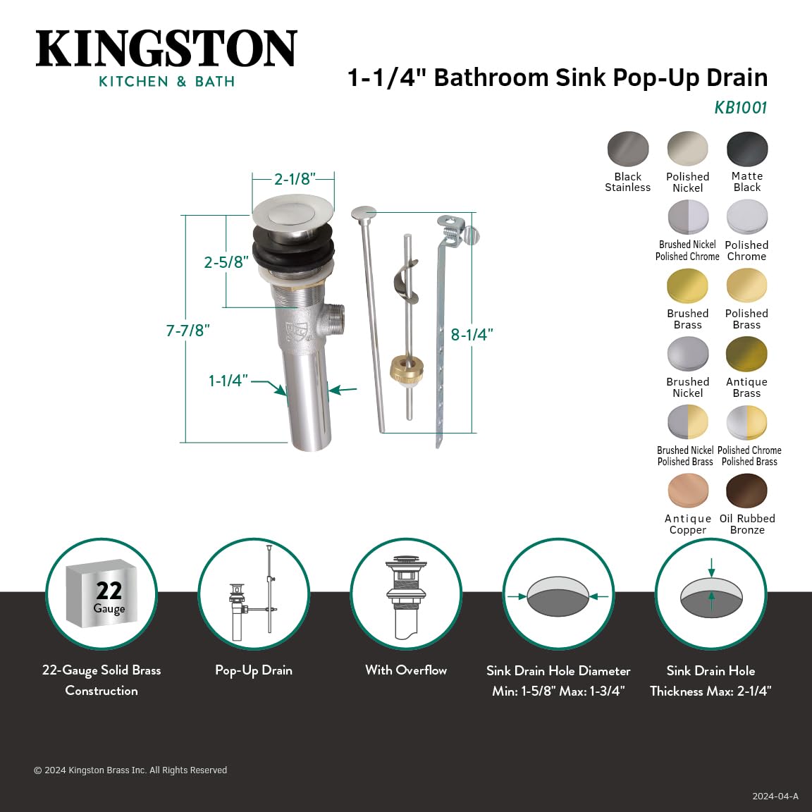 Kingston Brass KB1008 KB1008 Kingston Brass Brass Pop Up Asamblea, n-quel satinado