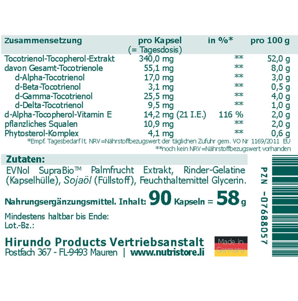 The Nutri Store - Tocotrienol Kapseln - 90 Stück - Vitamin E zum Schutz der Zellen vor oxidativem Stress - Made in Germany