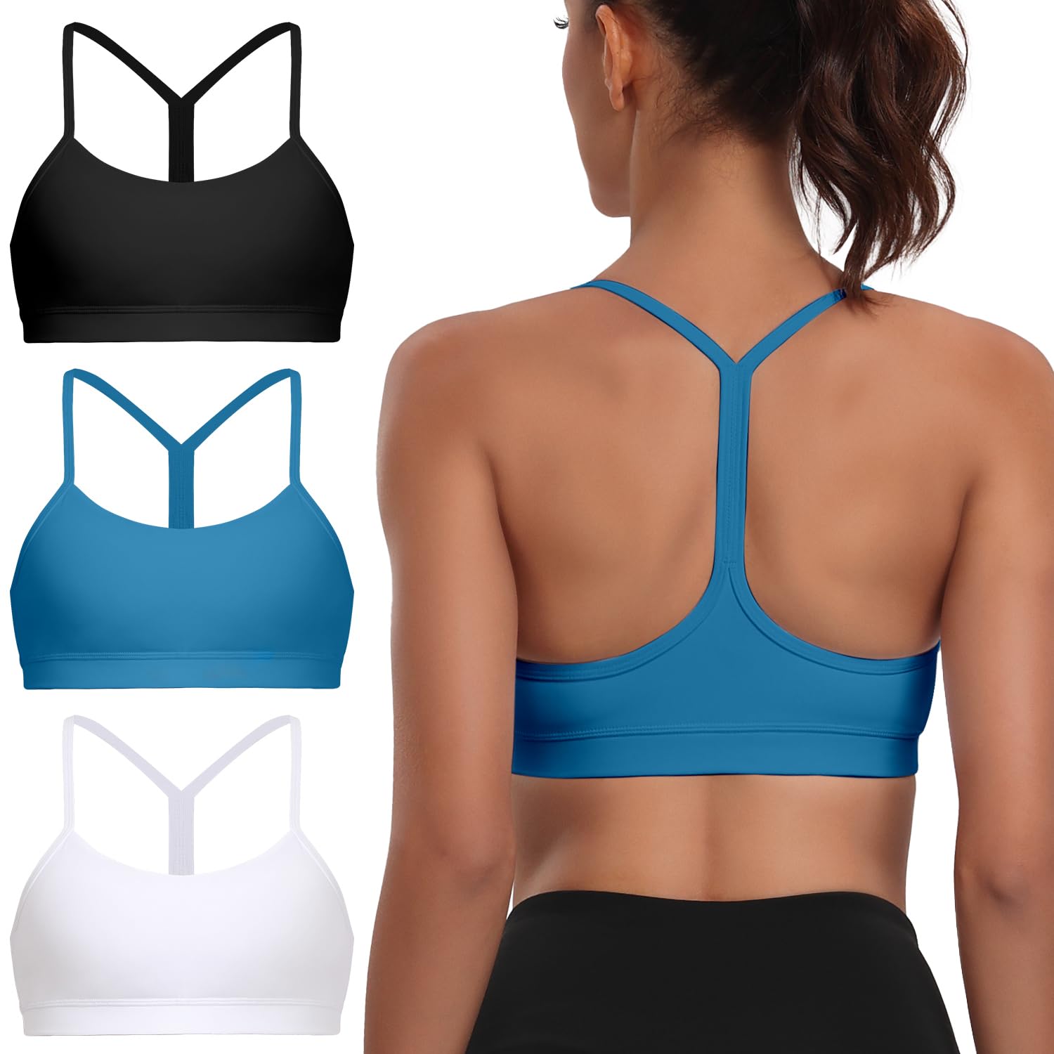 Raxnode Women's 3-Pack Y-Back Sports Bra, Thin Spaghetti Strap Nylon Yoga Bra with Removable Cups, Light Support Bralettes