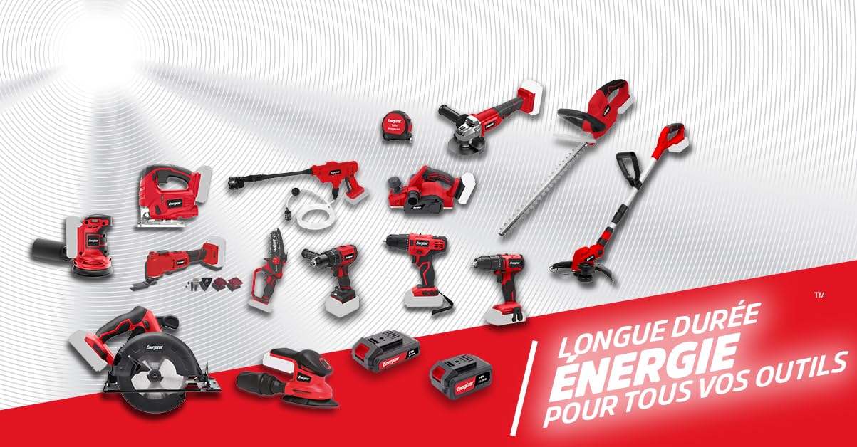 Energizer - Sierra circular a batería de 20 V (pilas incluidas) - 4000 rpm - Hoja de 165 mm/Corte hasta 45 mm (33 mm a 45°) - Guía de desplazamiento + llave de cambio + hoja para madera incluida