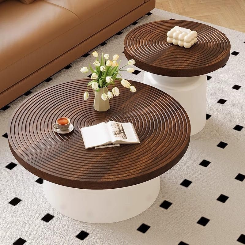 Nesting Coffee Table Set of 2，Round Coffee Table Wood Grain Top with Adjustable Non-Slip Feet, Industrial End Table Side Tables for Living Room Bedroom Balcony Yard