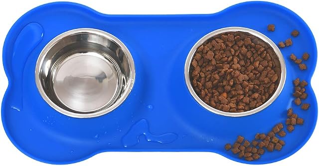 Amazon Basics Dog Bone Shaped Silicone Pet Bowl Combo - Blue