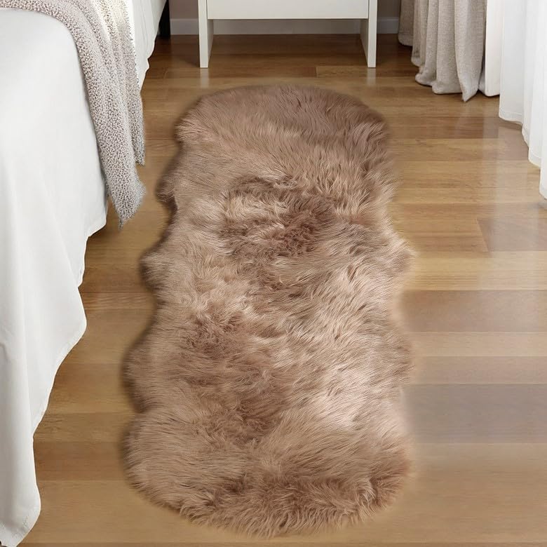 Goolela Faux Sheepskin Fur Runner Rug Light Brown Beige Fluffy Bedside Rug for Bedroom 2x6 Furry Fuzzy Rug Runner Washable Playroom Office Sheepskin