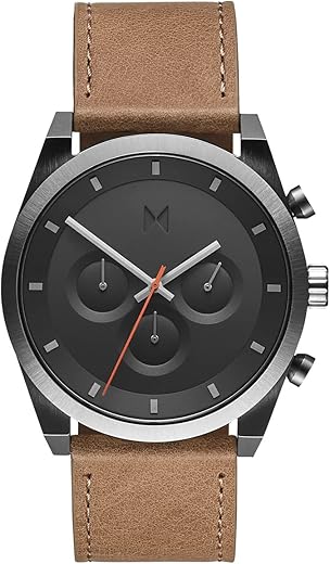 MVMT Leather Element Chrono Men 44 Mm Multifunction Graphite Sand Analog Watch, Silver Dial, Brown Band