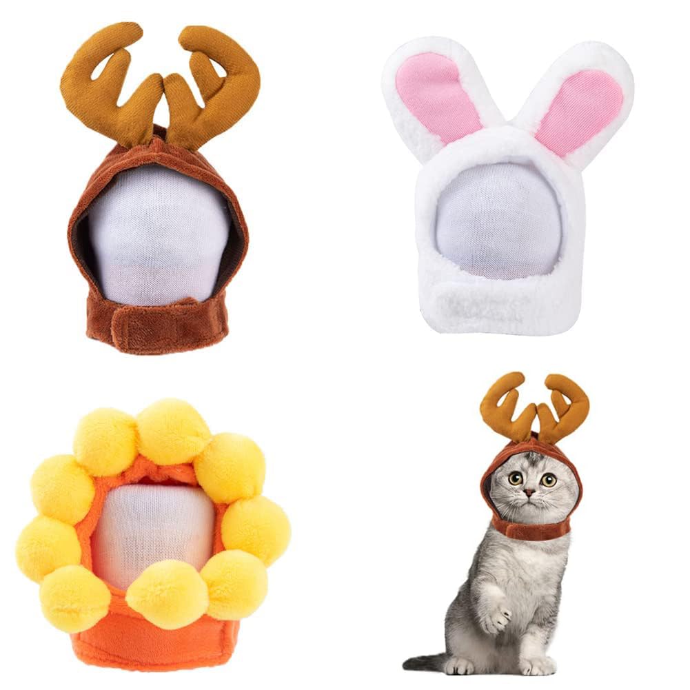 Sweet seven3-Piece Pet Headwear Set - Adjustable Rabbit Ear, Sunflower, and Christmas Antlers Pet Hats for Cats and Small Dogs - Daily or Party Accessories