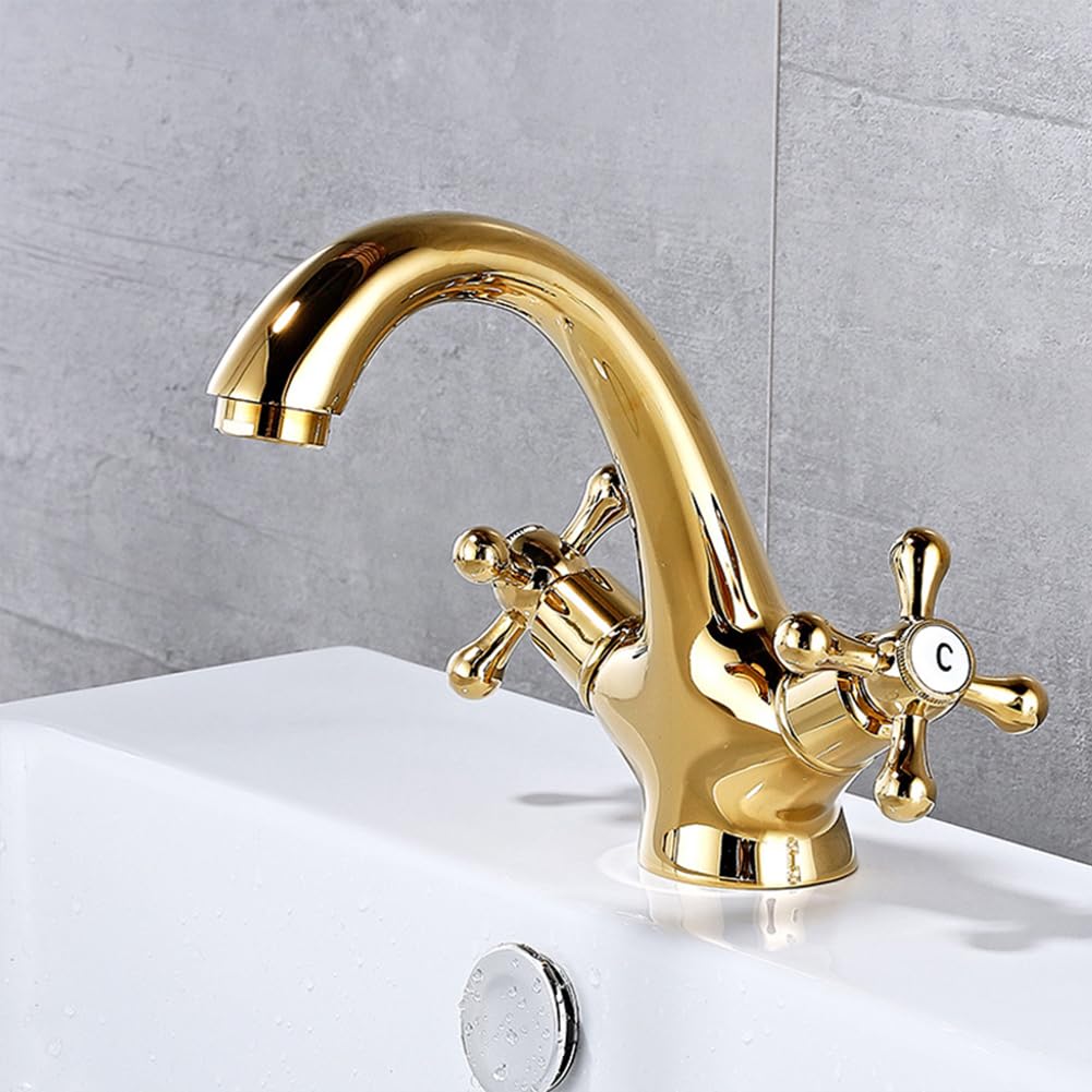 Grifo De Baño Grifo De Lavabo, Vintage Retro Estilo Latón Dos Mandos Mezclador De Lavabo, Ajustable Para Agua Fría Y Caliente, Oro
