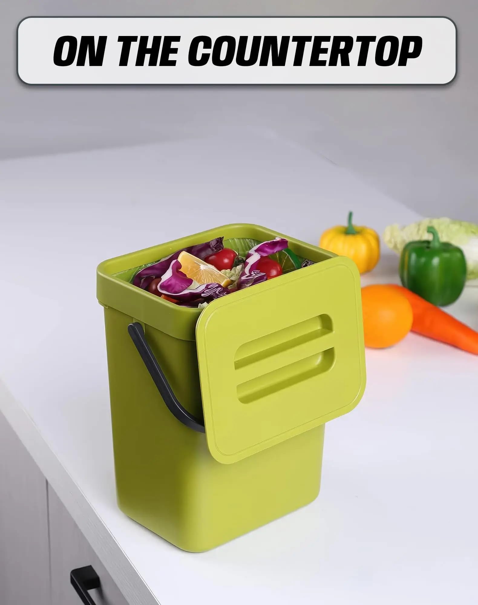 Cubo Basura Plegable Bote de basura abono interior colgante con tapa | Restos de comida sin olores sellados con plástico(12L,Green)