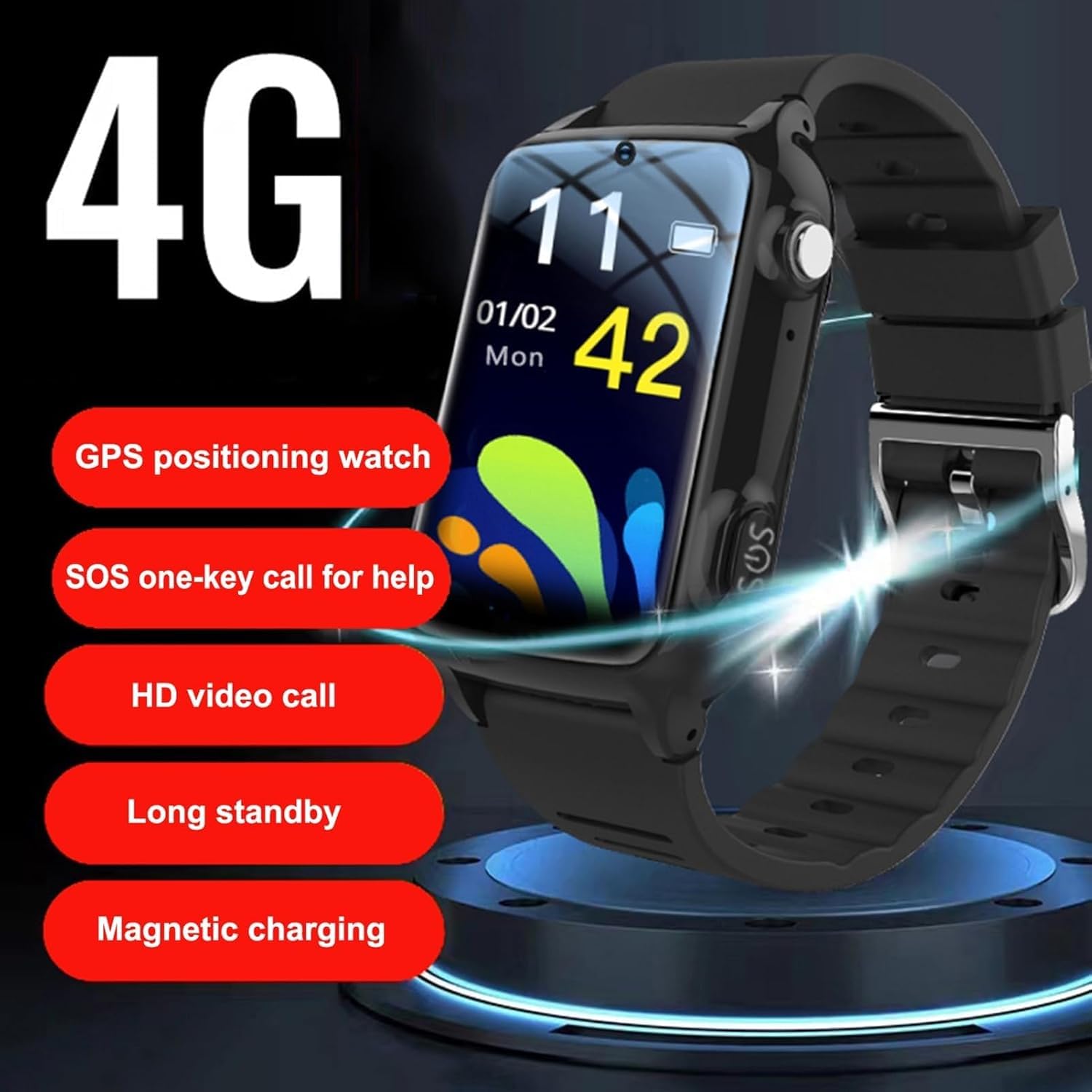 Genérico Detección de Caídas 4G Reloj Localizador GPS Personas Mayores Detector Caída Smartwatch Botón SOS para Alzheimer (Negro)