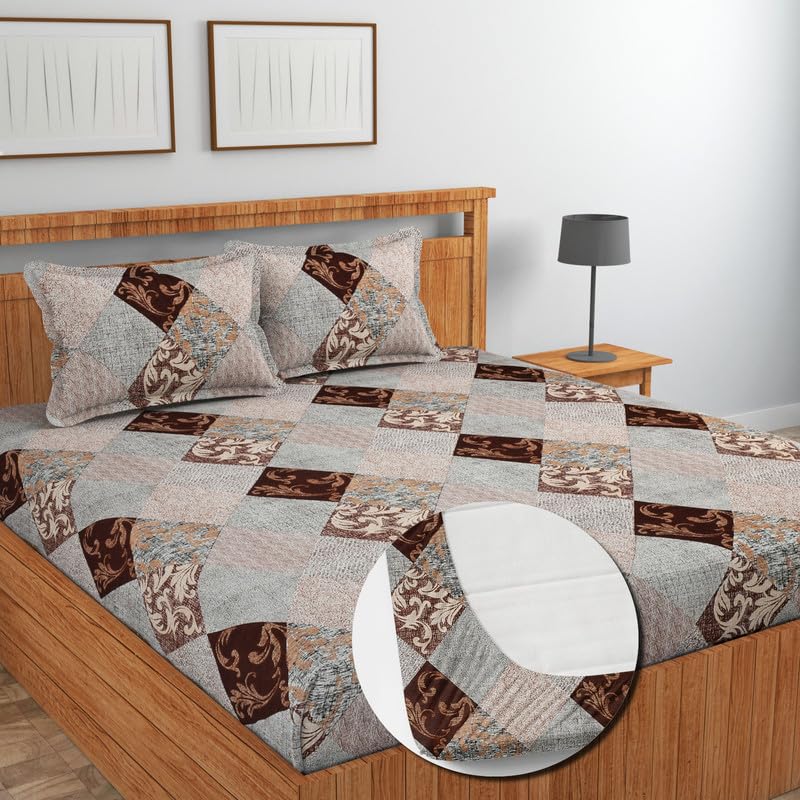 Image of NEW LEAF Cotton Fitted King Size Bedsheets with 2 Pillow Covers | Elastic Fitted | Wrinklefree | Ultrasoft |Winter Bedsheet 220 tc tc Floral | 710x72+10 Inches, Beige Brown