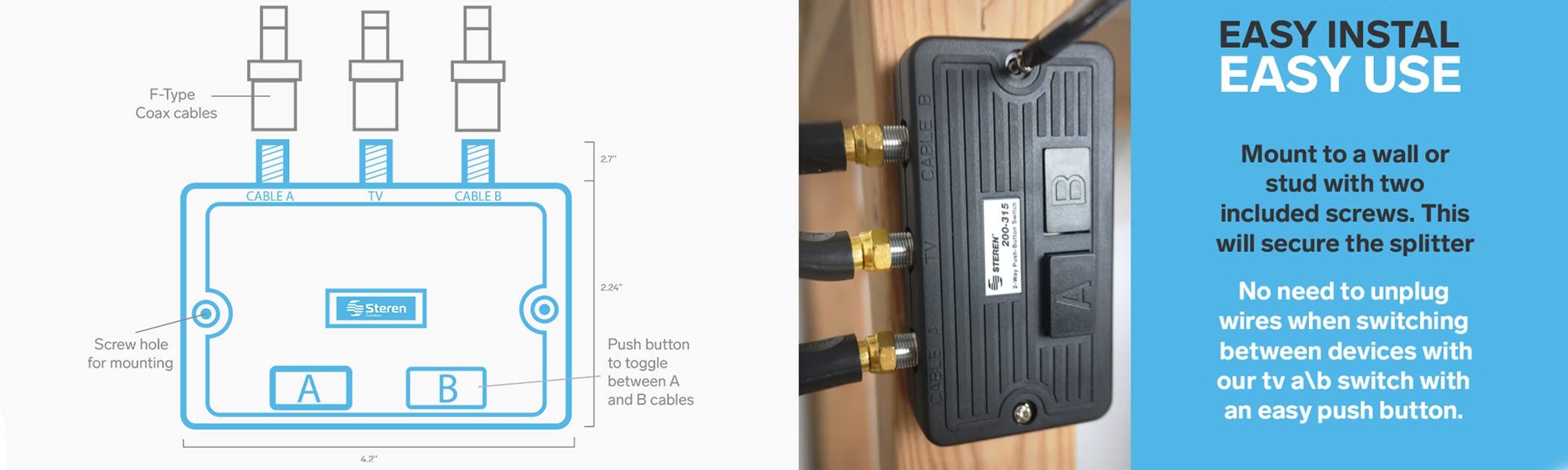 STEREN [200-315-2] - Splitter coassiale a 2 vie, interruttore A B a 2 vie, 2 vie, cavo coassiale splitter a 2 vie, 2 vie, interruttore a scorrimento A/B, confezione da 2