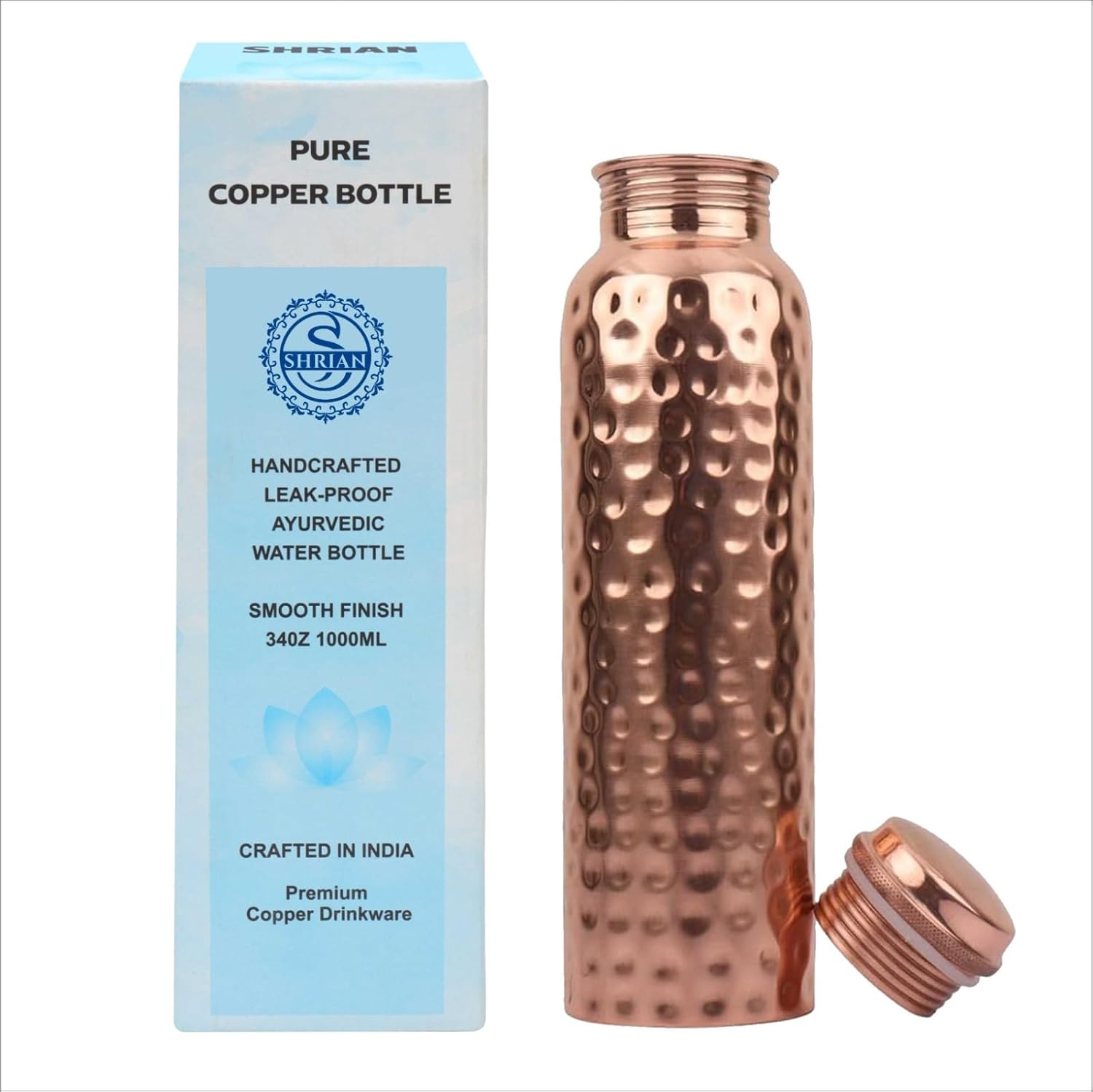 100% Pure Copper Water Bottle for Drinking, 34 Oz Handcrafted, Leak-Proof, Ayurvedic Detox & Health Benefits – Hammered Glossy Finish Eco-Friendly Copper Vessel
