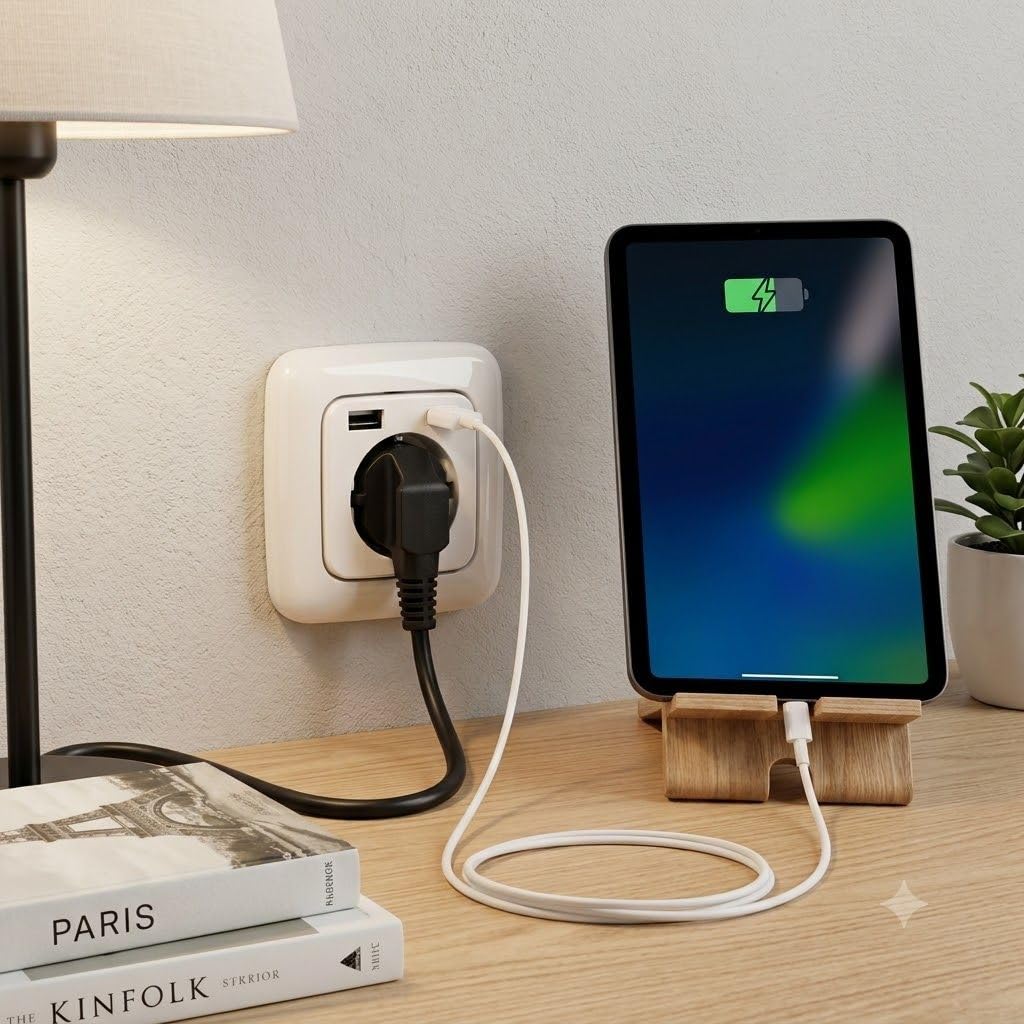 USB-Steckdose chargeMax unter Putz USB-A + USB-C mit Rahmen Ausführung 2USB, Tiefe nur 32mm, Set mit Abdeckung Busch Jaeger Reflex Si alpinweiß glänzend
