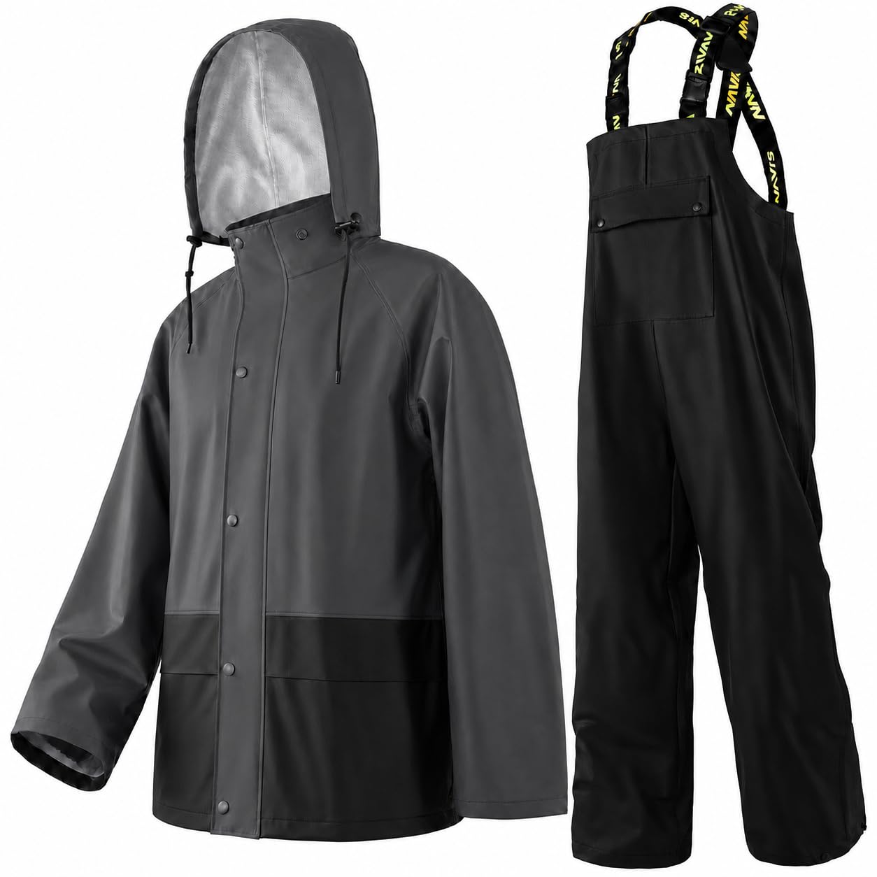 Men’s Workwear 3-Piece Waterproof PU Rain Suit Set | Hooded Jacket &amp; Bib Pants, Sealed Seams, Storm Flap, Adjustable Suspenders, Flap Pockets, Outdoor Work, Fishing, Farming